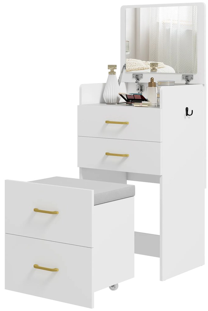 HOMCOM Coasă cu oglindă și taburet 3 în 1, 3 sertare și placă de sticlă vizibilă, pernă tapitată, 48 x 40 x 90 cm, alb | Aosom Romania