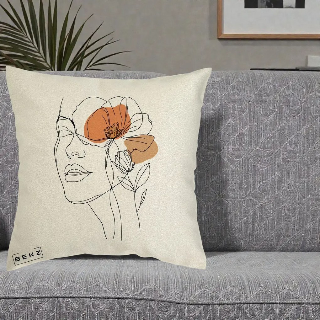 Perna Decorativa Portret Feminin Mac Profilat, 40x40 cm, Ecru, Husa Detasabila, Perna Inclusa, BEKZ®