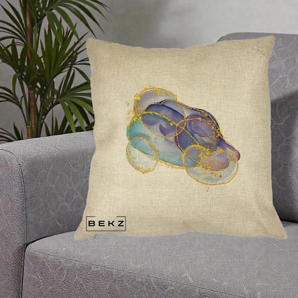 Perna Decorativa Abstract Acuarela Albastru-Mov cu Cercuri Aurii, 40x40 cm, Crem, Husa Detasabila, Perna Inclusa, BEKZ®