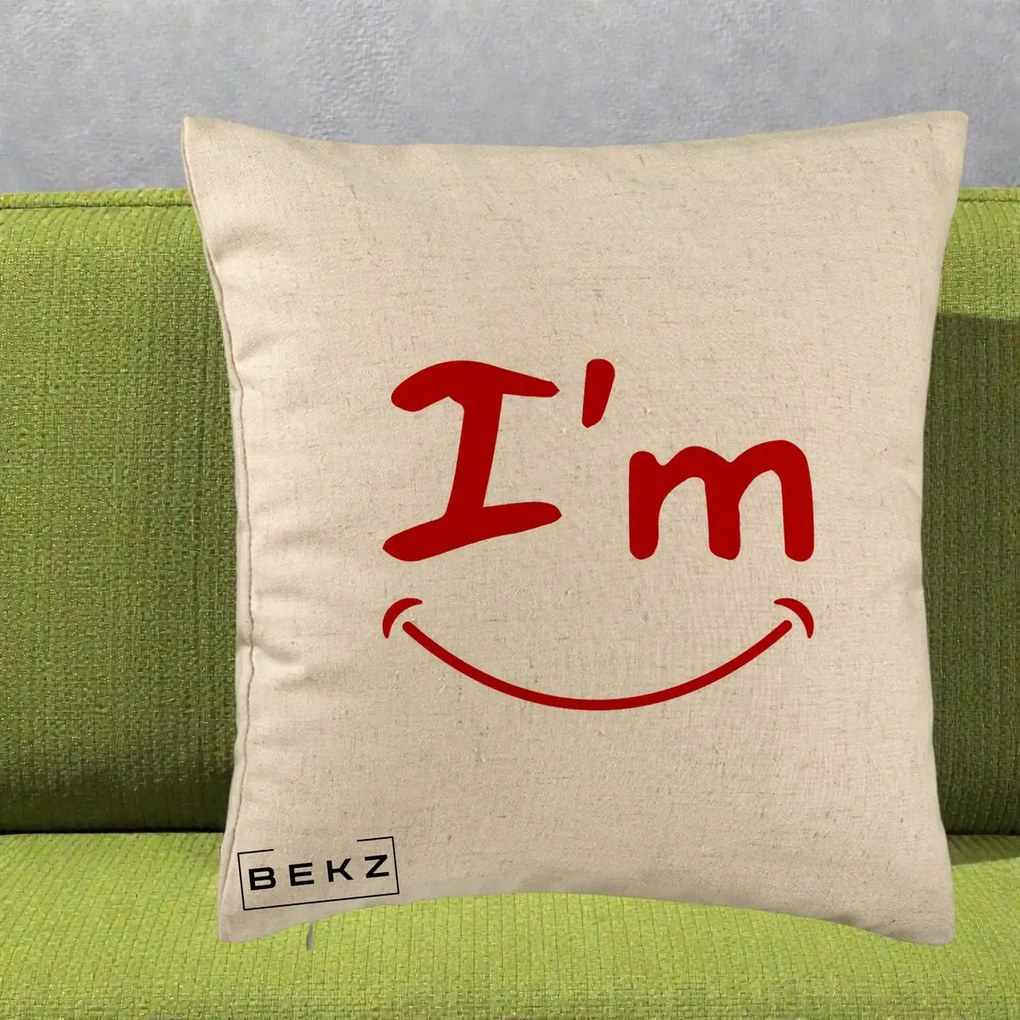 Perna Decorativa I'm Happy Smile, 40x40 cm, Bej, Husa Detasabila, Perna Inclusa, BEKZ®