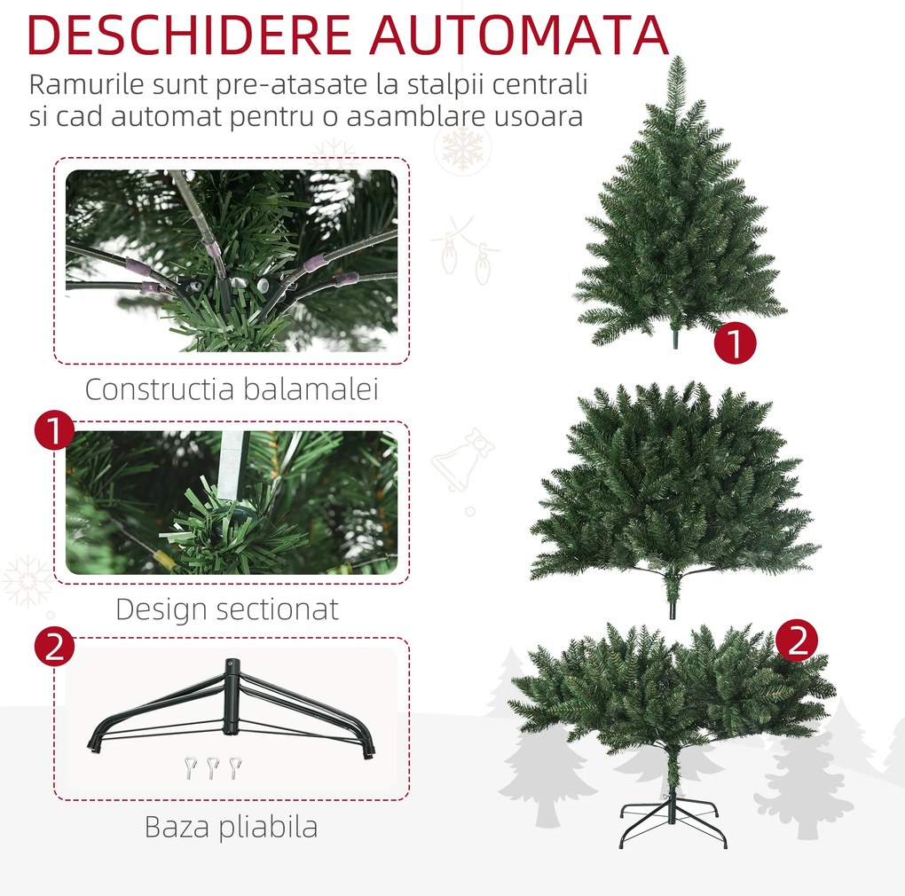 Pom Artificial de Craciun inalt, Decor Pom de Craciun cu 800 de Crengute, Deschidere Automata, Verde, HOMCOM | Aosom Romania