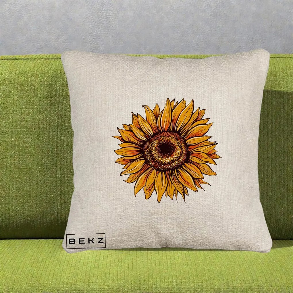 Perna Decorativa Floarea Soarelui Vibranta, 40x40 cm, Bej Canapea, Husa Detasabila, Perna Inclusa, BEKZ®