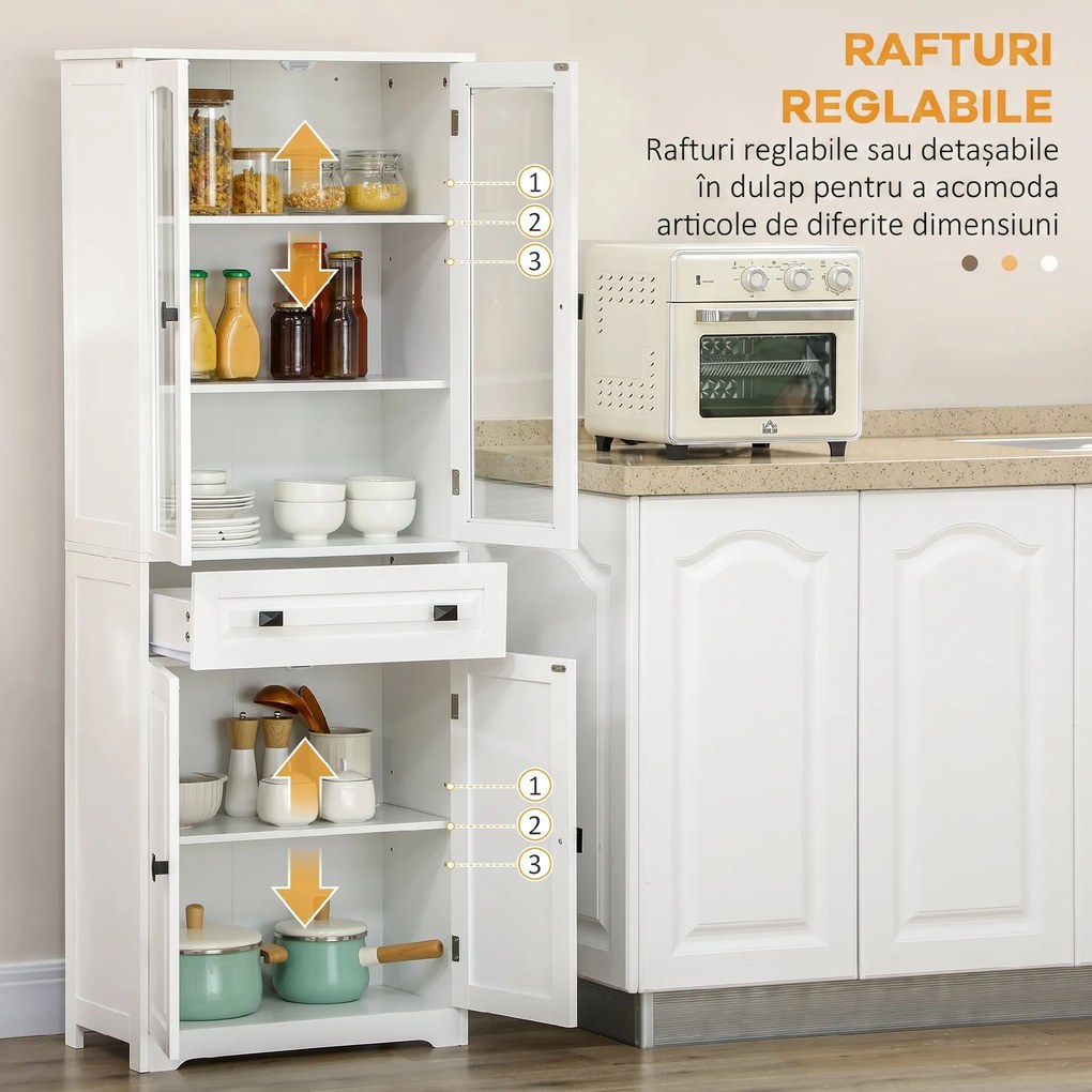 HOMCOM Bufet de Bucătărie cu 2 Dulapuri și Sertar, Mobilier de Bucătărie cu Uși și Rafturi Reglabile, 60x30x160 cm, Alb | Aosom Romania