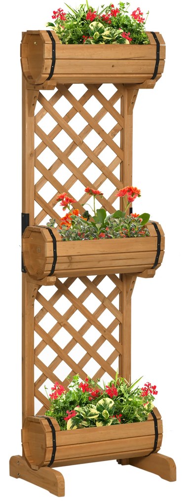 Jardiniera cu 3 ghivece Outsunny, forma de butoi, lemn de brad maro, 45x35x150cm | Aosom RO