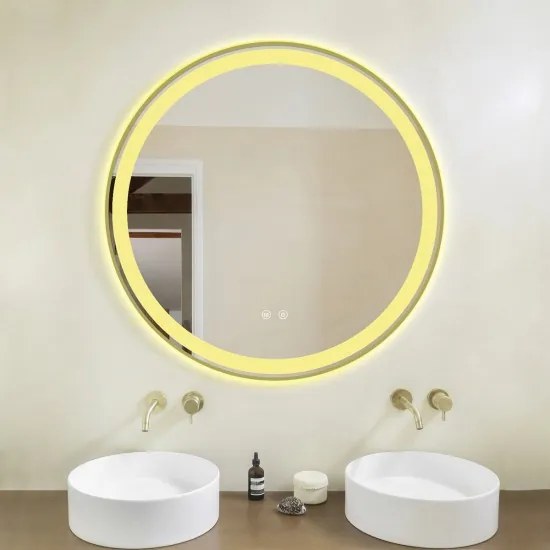 Oglindă Baie LED și Dezaburire Elit's Premium cu Senzor Touch, Lumina Rece, Caldă și Neutră, 70cm,rama Gold