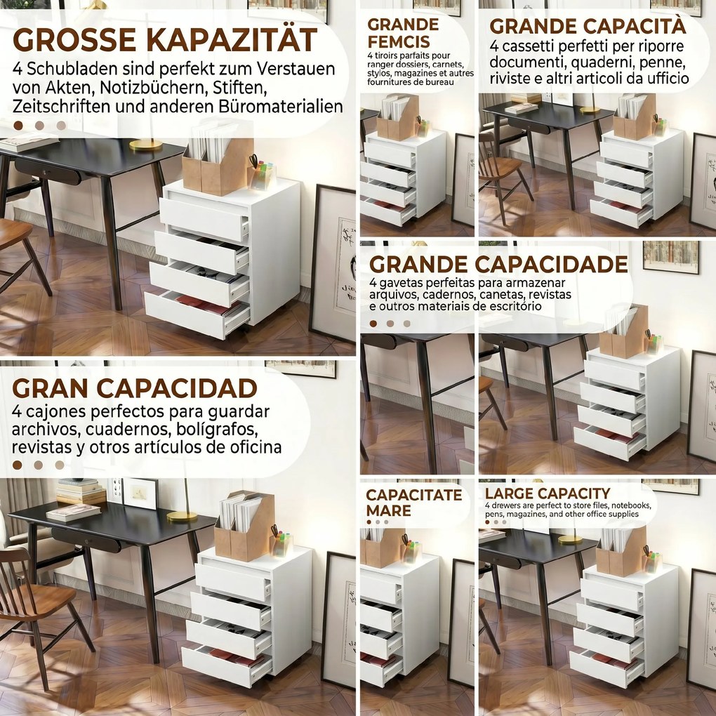 HOMCOM Comodă de Birou cu 4 Sertare și Roți pentru Studiu 46x40x65 cm Alb | Aosom Romania