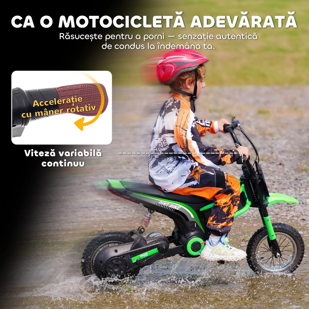 HOMCOM Motocicletă Electrică pentru Copii cu Accelerație Manuală, 2 Viteze, 8-16 km/h, Vârsta 8-12 Ani, Verde | Aosom Romania
