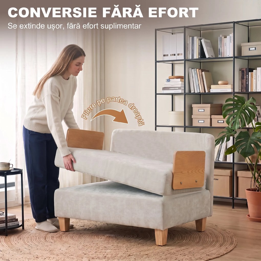 HOMCOM Fotoliu Pat 2 în 1 pentru O Persoană, Pliabil, cu 2 Perne, Economisire Spațiu, Țesătură Efect In și Catifea, Crem | Aosom Romania