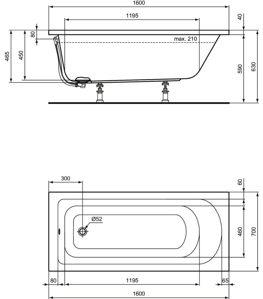 Cada baie incastrata Ideal Standard Hotline, dreptunghiulara, 160x70 cm 1600x700 mm