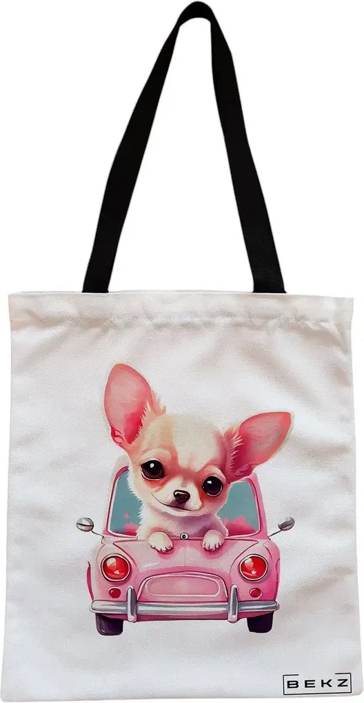 Sacosa de Panza pentru Cumparaturi, Geanta Tote, model Chihuahua the Driver, Cu fermoar, 38x34.5 cm, Alba, BEKZ®
