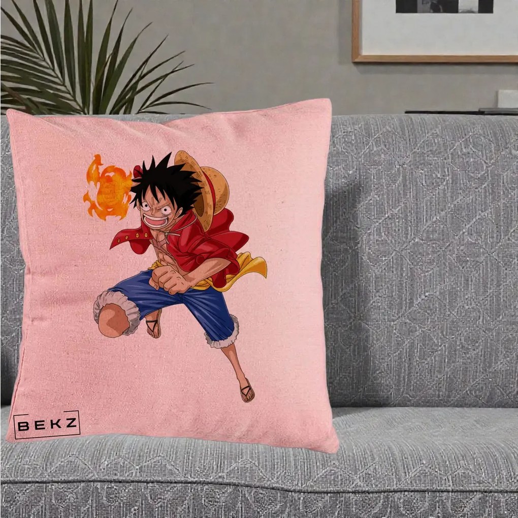Perna Personalizata One Piece Luffy Gear Second Foc, 40x40 cm, Roz, Husa Detasabila, Perna Inclusa, BEKZ®