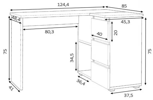 BIA517 - Birou pe colt 124x85 cm, masa de calculator cu 3 sertare, office - Alb-Maro, Colectia LIAM