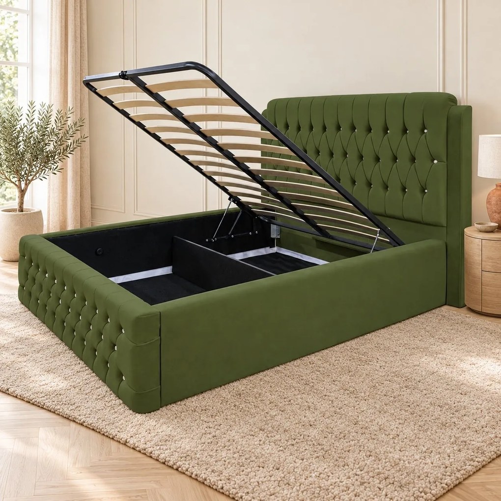 Pat tapițat Chesterfield din catifea Aveline Deluxe 140×200 cm, kaki, cu ladă de depozitare