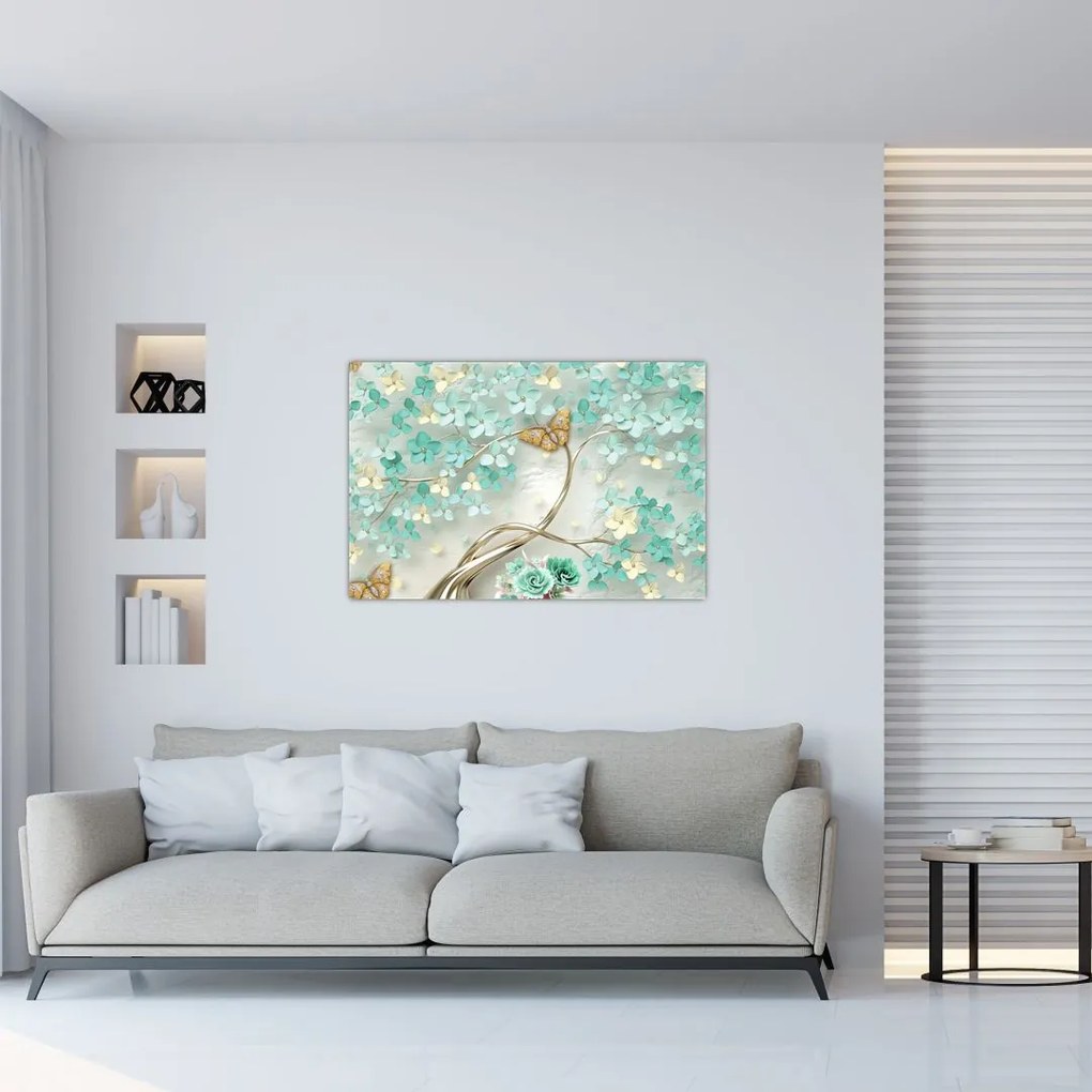 Tablou cu flori și fluturi (90x60 cm)