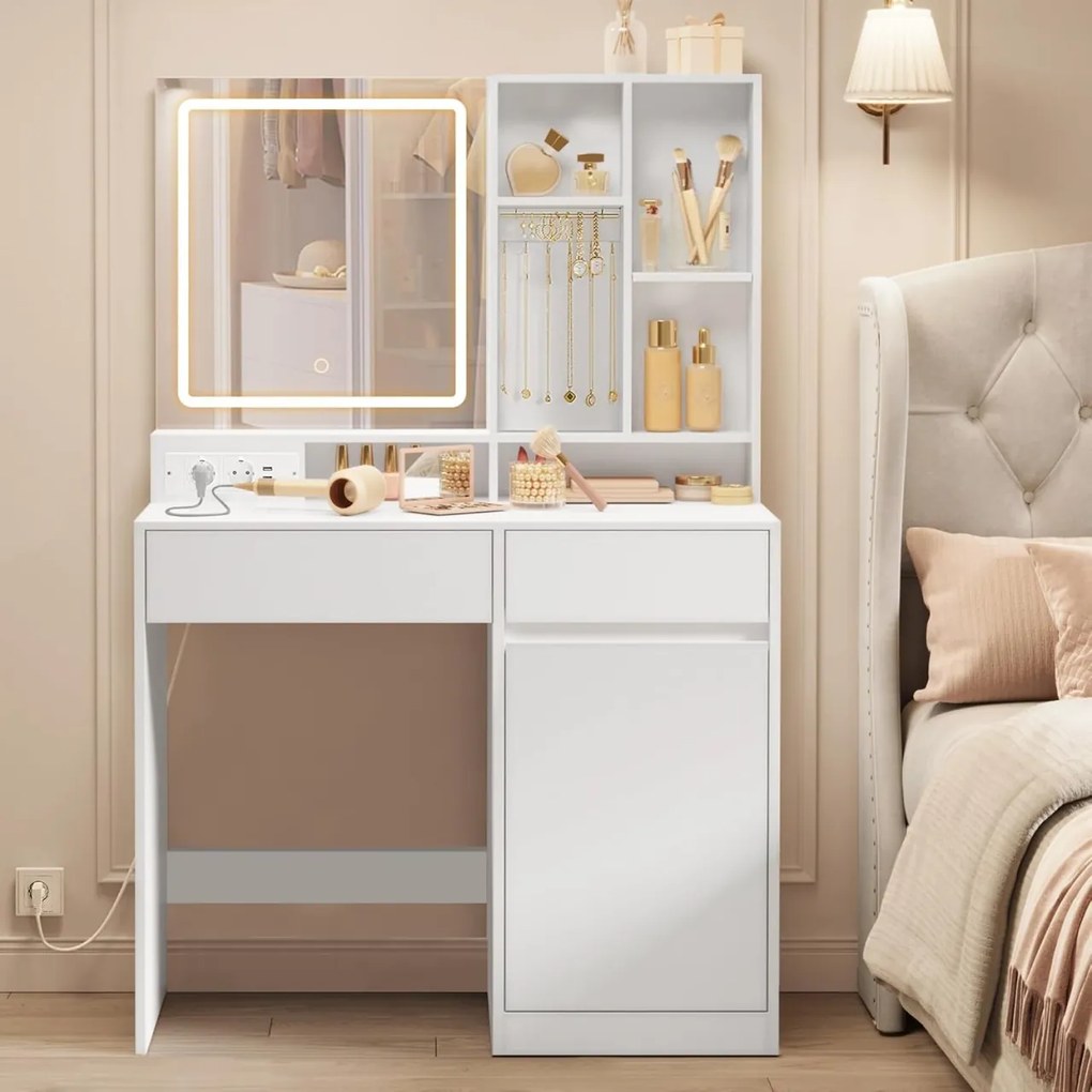 Masuta machiaj cu Oglinda LED si 2 Sertare pentru Cosmetice, Set Masa toaleta 90 cm, Alb, masuta cosmetica, vanity - SEA804