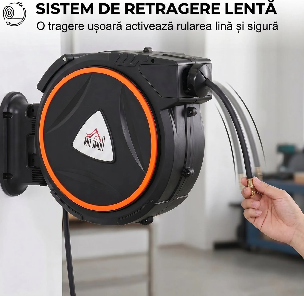 HOMCOM Tambur Automat Retractabil pentru Furtun 20 m, Montare pe Perete, Pivotant 180°, Negru și Portocaliu | Aosom Romania