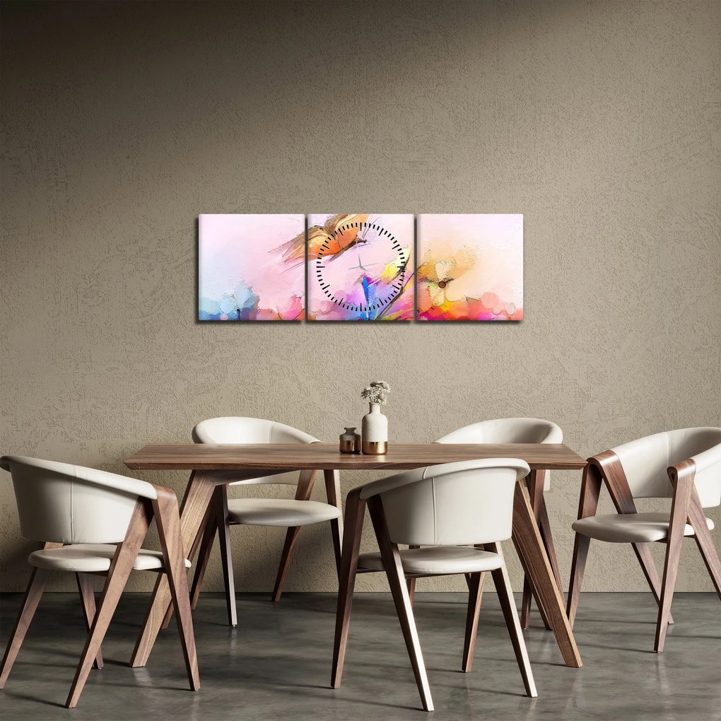 Tablou - Fluture asupra florilor, abstracție (cu ceas) (90x30 cm)