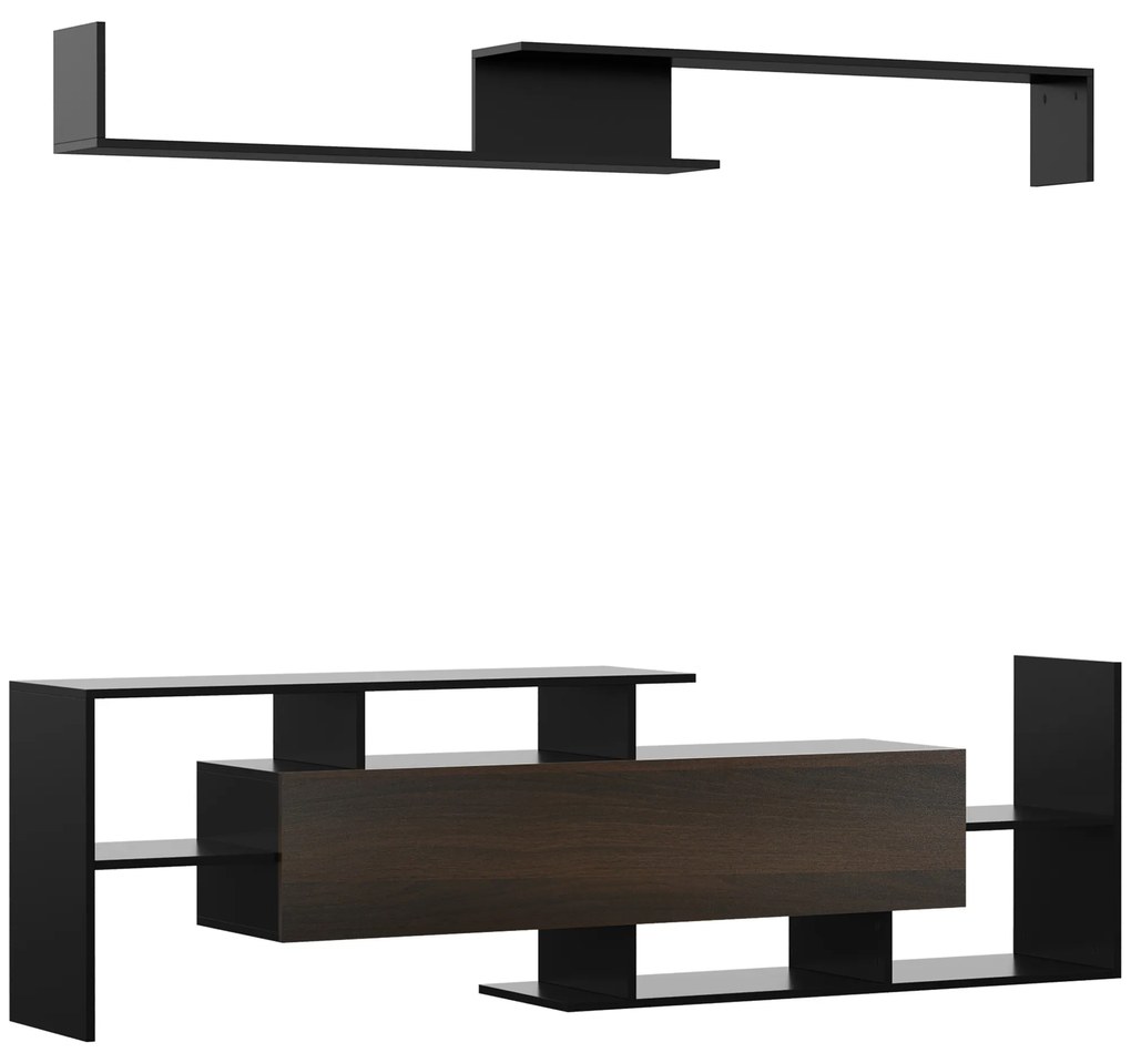 HOMCOM Ansamblu mobilier TV cu banc și raft de perete stil contemporan 153,6L cm - negru | Aosom Romania