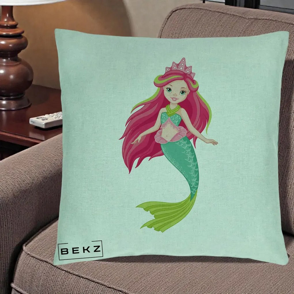 Perna Decorativa Sirena Roz cu Coroana, 40x40 cm, Verde Menta, Husa Detasabila, Perna Inclusa, BEKZ®