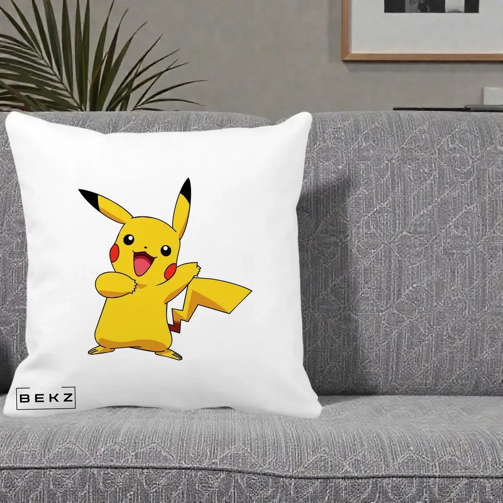 Perna Personalizata Pikachu Fericit, 40x40 cm, Alba Mata, Husa Detasabila, Perna Inclusa, BEKZ®