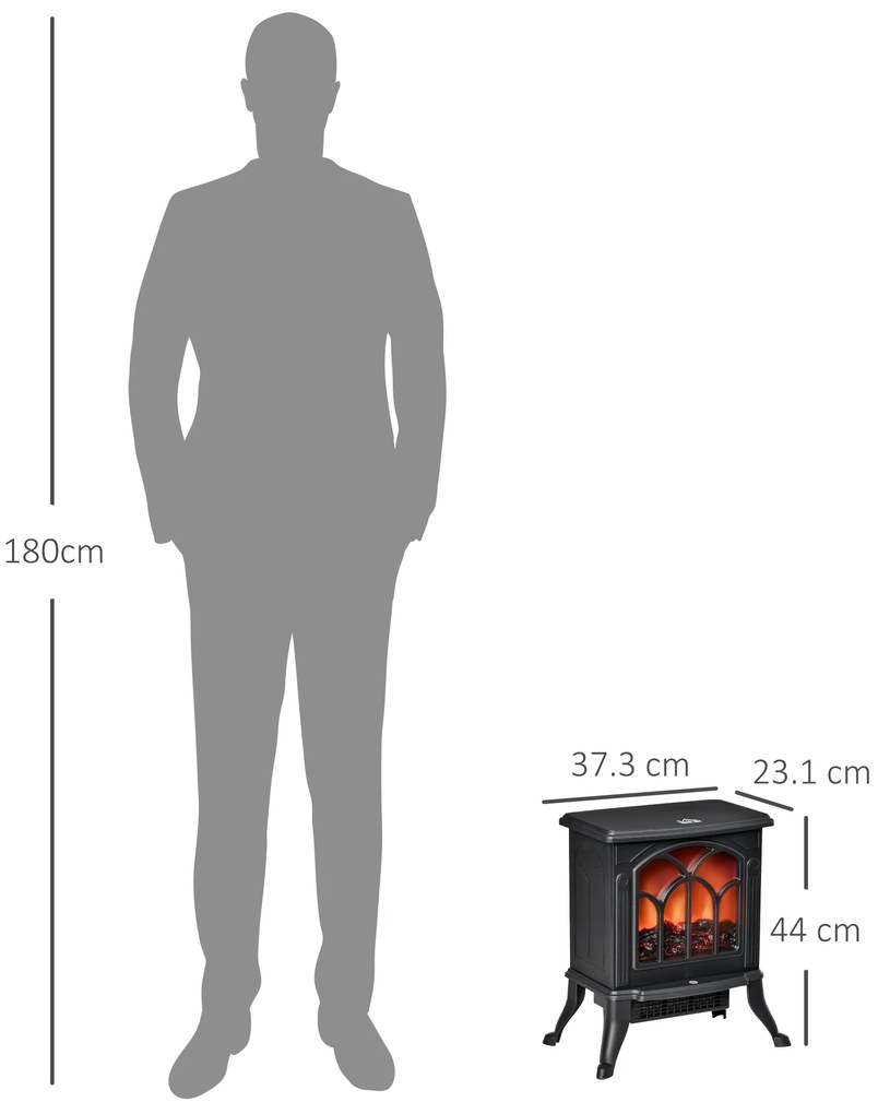 HOMCOM Șemineu Electric 750/1500 W cu Efect de Flacără Acoperire 15-20 m², Negru | Aosom Romania