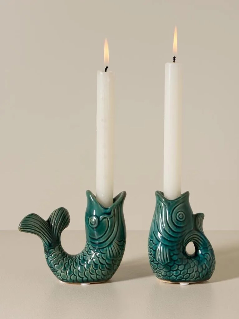 Set 2 suporturi pentru lumanari din ceramica, verde inchis, "Fish"