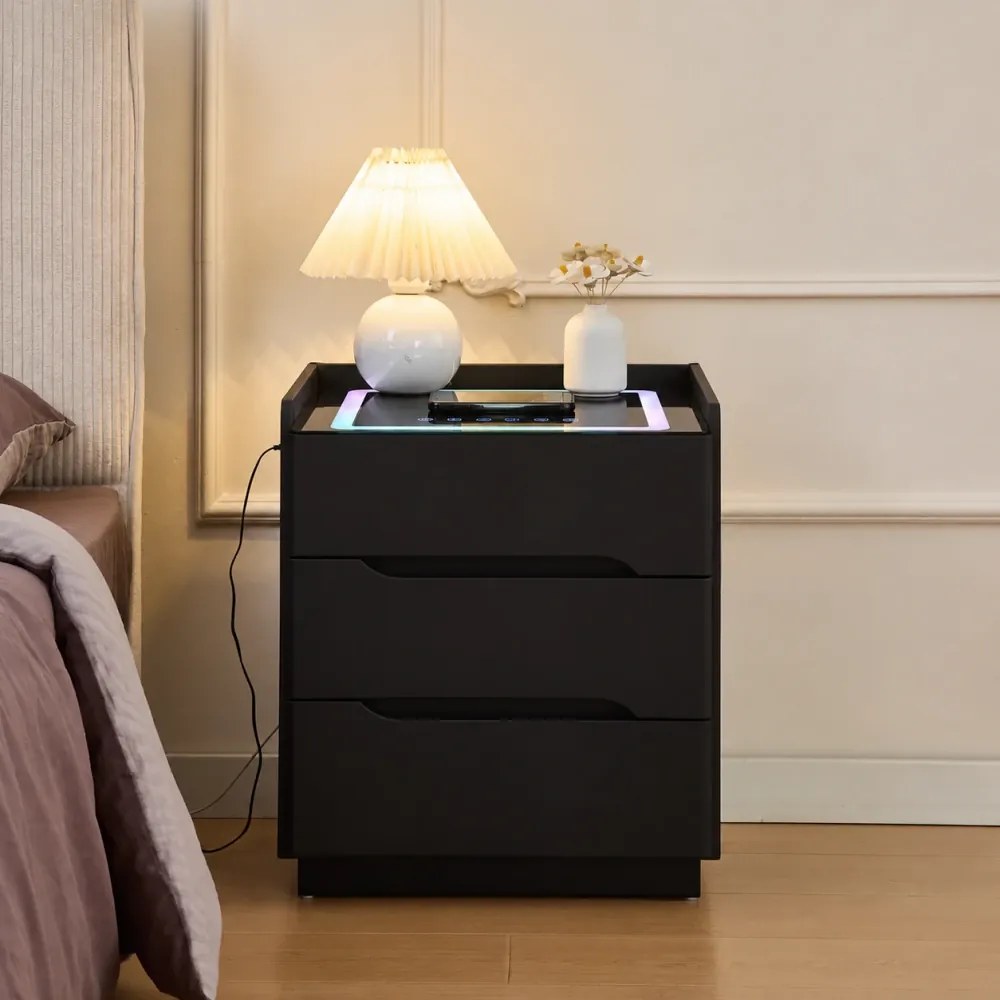 ALVÉA — Noptieră inteligentă cu încărcare Wireless, Bluetooth Stereo, iluminare RGB, USB + Type-C, Negru
