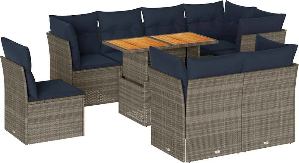 vidaXL Set canapele de grădină, 9 piese, cu perne, gri, poliratan