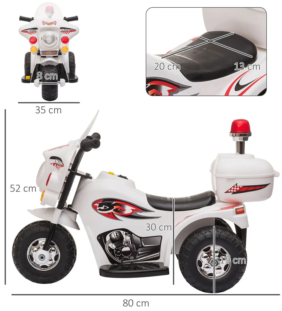 Motocicleta Electrica pentru copii HOMCOM 18-36 luni, baterie de 6V, PP Otel, Alba | AOSOM RO