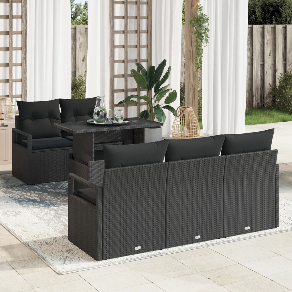 vidaXL Set de canapele de grădină cu 6 piese, cu perne, negru, din ratan poliesteric
