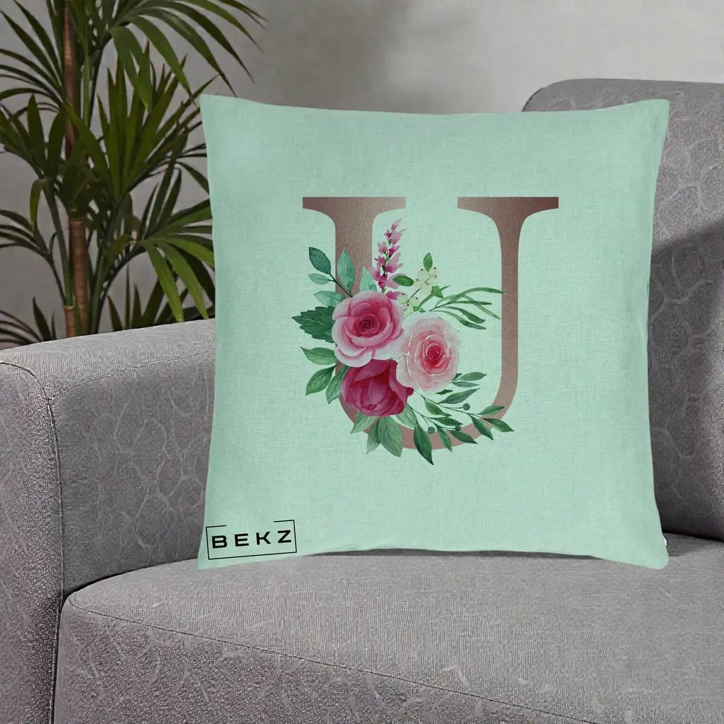 Cadou Personalizat - Perna Personalizata Monograma Rose Gold Litera U, 40x40 cm, Verde Menta, Husa Detasabila, Perna Inclusa, BEKZ®