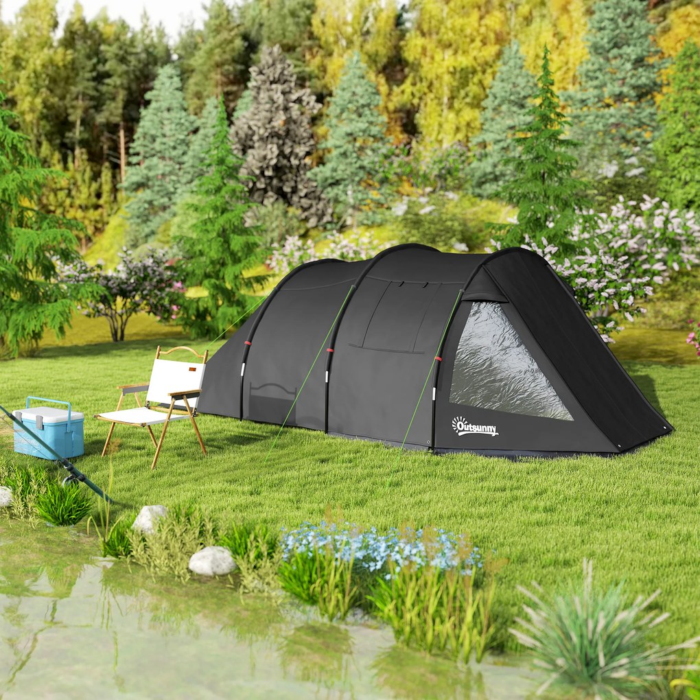 Outsunny Cort Tunel pentru 3-4 Persoane, Cort de Camping cu Doua Camere, cu Ferestre si Obloane, Geanta de Transport Portabila, pentru Pescuit, Drumetii, Sport, Festival, Negru | Aosom Romania