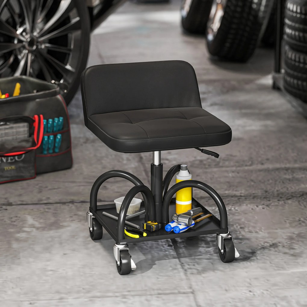 HOMCOM Scaun de atelier cu roți spațiu depozitare, 58,5 cm înălțime, scaun rulant până la 135 kg Negru | Aosom Romania