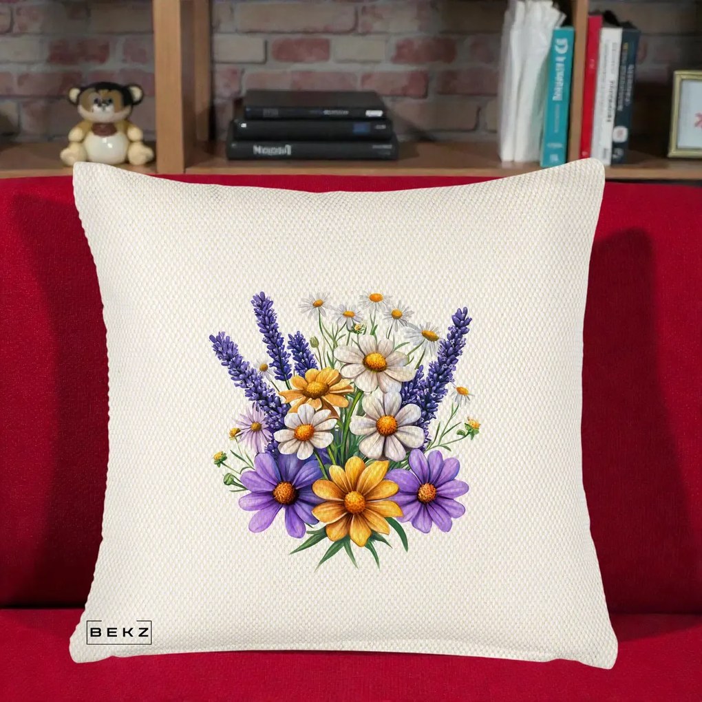Perna Decorativa Lavanda Musetel si Flori Mov, 40x40 cm, Crem Reliefat, Husa Detasabila, Perna Inclusa, BEKZ®