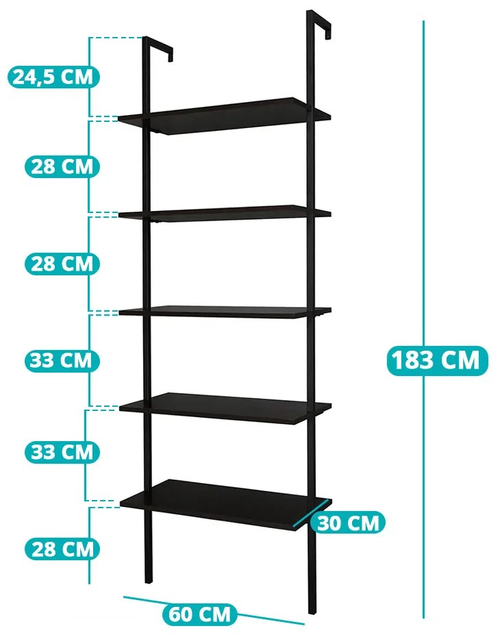 Raft depozitare perete cu 5 nivele, negru