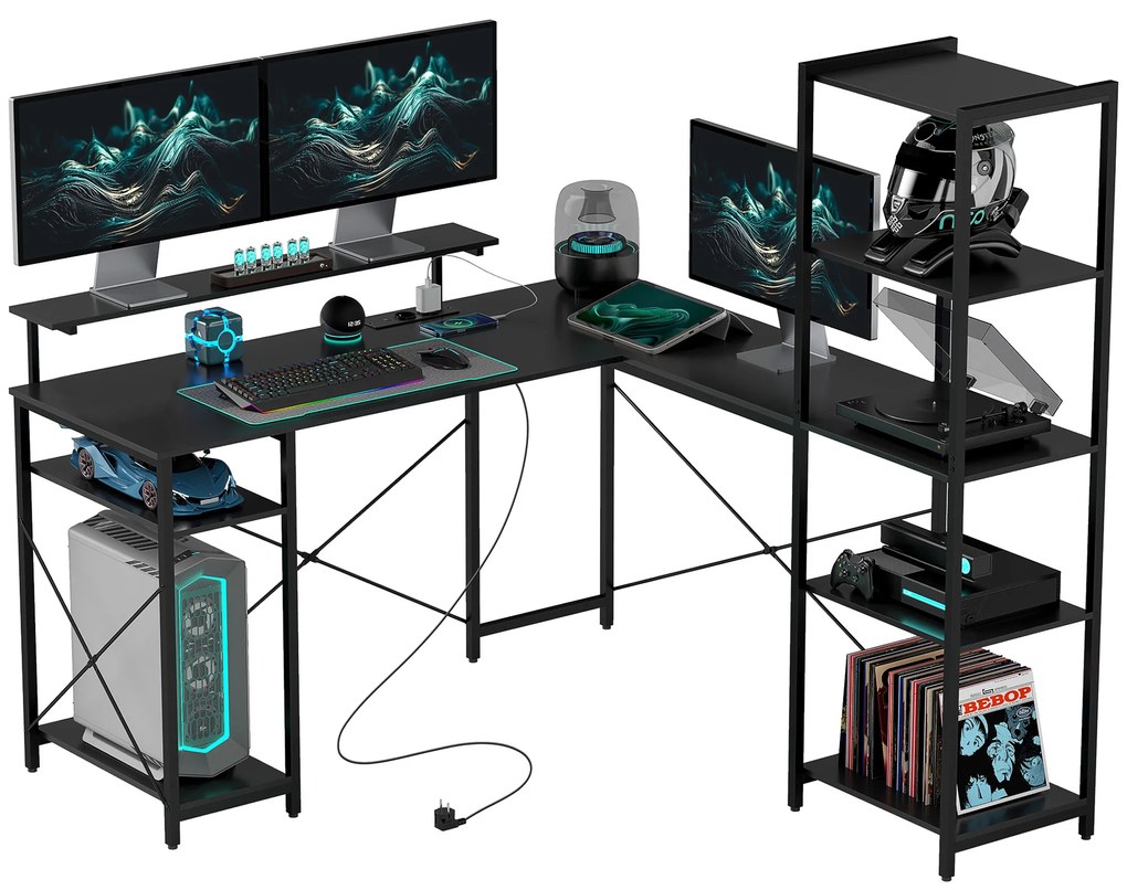 HOMCOM Birou în formă de L cu Stație de Încărcare, Birou de colț pentru calculator cu Suport pentru Monitor și Rafturi, pentru biroul acasă, birou, Negru | Aosom Romania