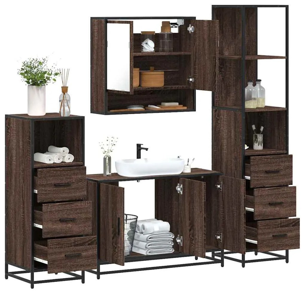 vidaXL Set de mobilier de baie din 4 piese din lemn de stejar maro
