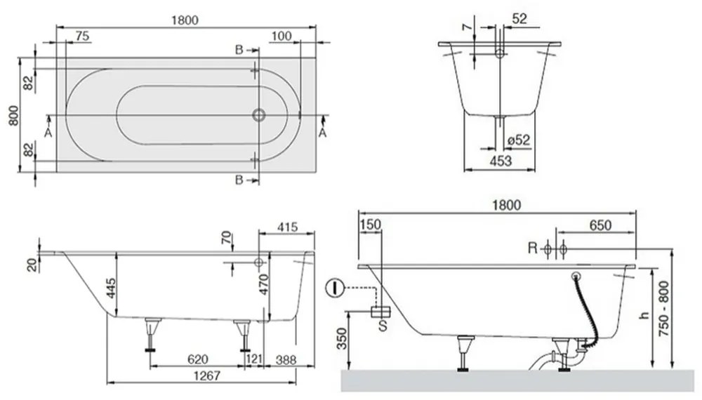 Cada baie incastrata Compozit-Quaryl 180 x 80 cm Villeroy  Boch, Oberon 1800x800 mm