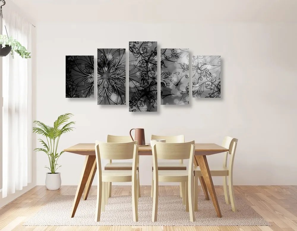 Tablou 5-piese Mandale florală în design alb-negru