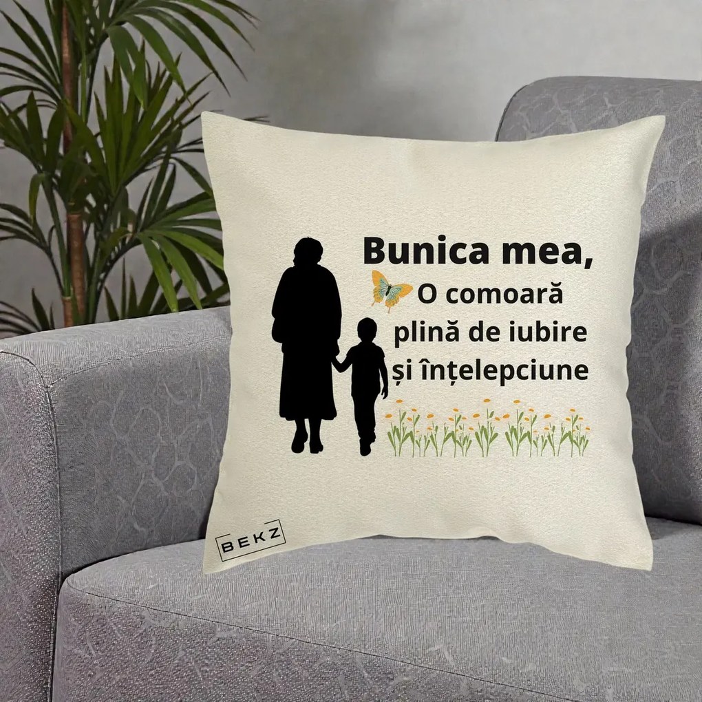 Cadou pentru Bunica - Perna Personalizata Bunica Mea Comoara cu Fluture si Baietel, 40x40 cm, Ecru, Husa Detasabila, Perna Inclusa, BEKZ®