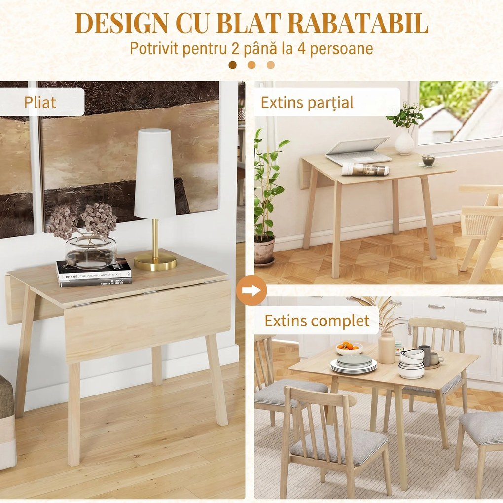 HOMCOM Masă Pliantă cu 2 Clapete, Masă pentru 2-4 Persoane din Lemn de Pin, 110x86x76 cm, Lemn Natural | Aosom Romania