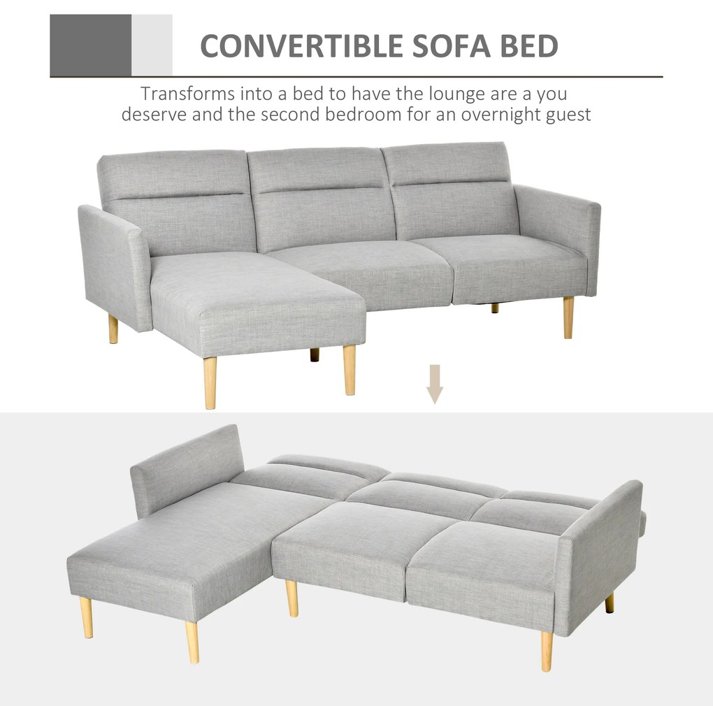 HOMCOM Canapea Extensibila cu 3 Locuri, Canapea pe Colt din Tesatura Gri cu Spatar Reglabil, Stil Scandinav, 207x146x80cm | Aosom Romania