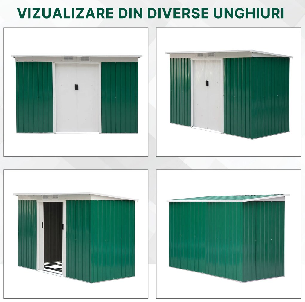 Outsunny Magazie de Grădină pentru Unelte, cu Uși Glisante și Ventilație, 277x130x173 cm, Verde | Aosom Romania