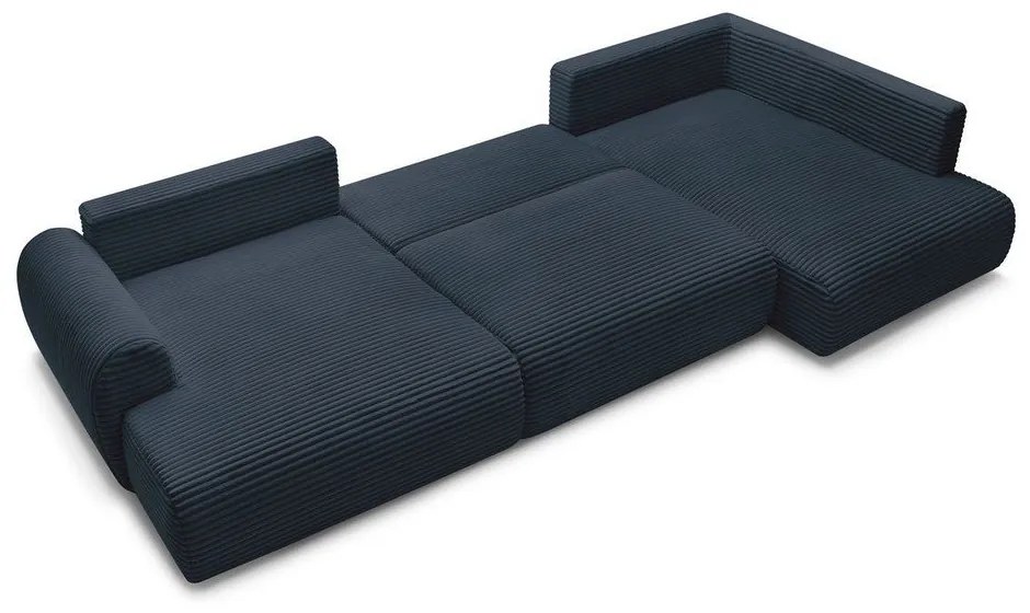 Colțar albastru închis extensibil/cu spațiu de depozitare cu tapițerie din catifea reiată (cu colț pe partea dreaptă/în formă de "U") Lucien – Bobochic Paris