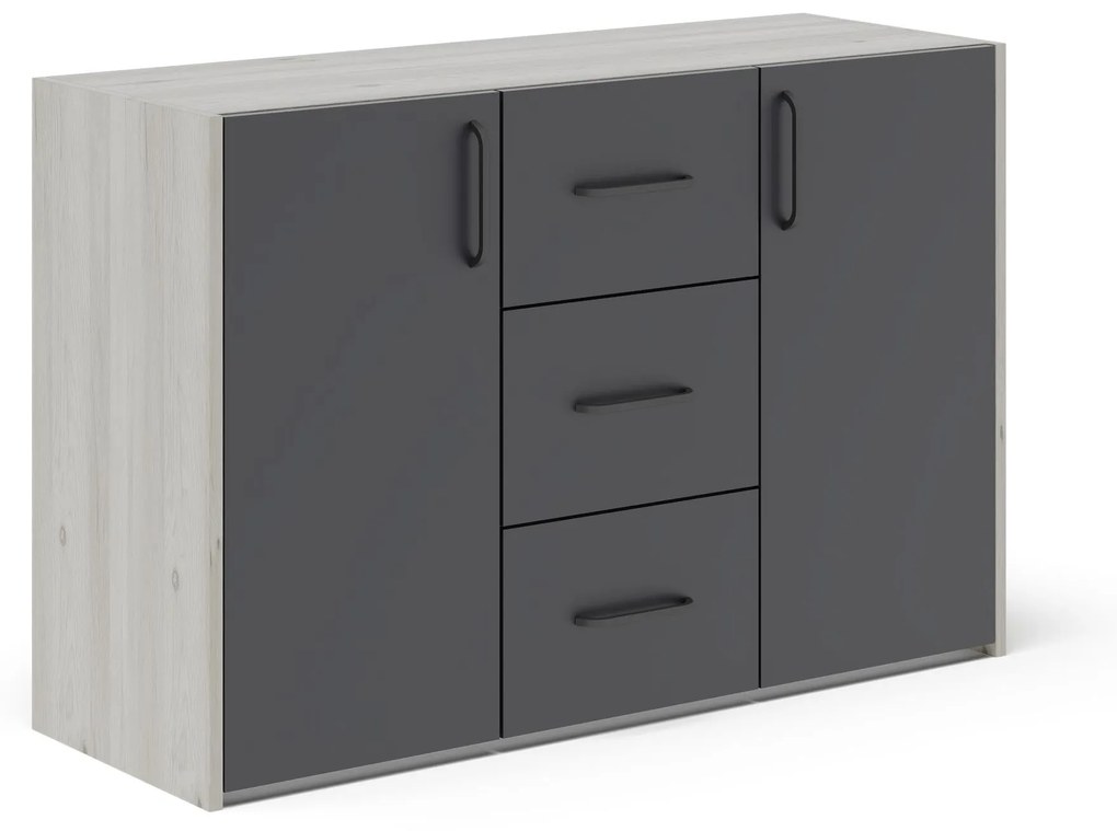 Comoda Malmo, 3 Sertare, 2 Usi, Stejar Alb/Antracit, 120 x 42 x 80 cm