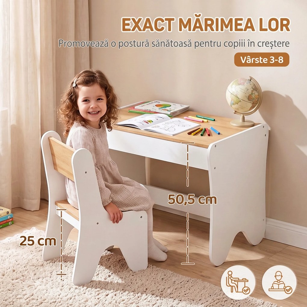 AIYAPLAY Set masă și scaun pentru copii, cu sertar, 3-8 ani, margini rotunjite, pentru camera copilului, living, grădiniță, alb | Aosom Romania