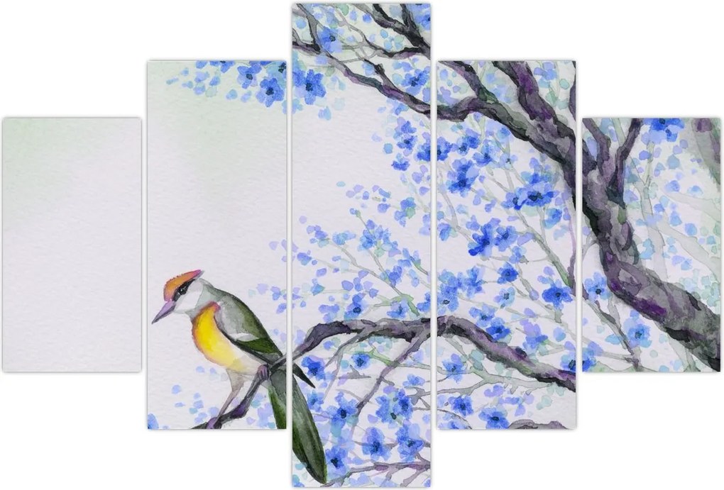 Tablou - Pasăre pe un copac cu flori albastre (150x105 cm)