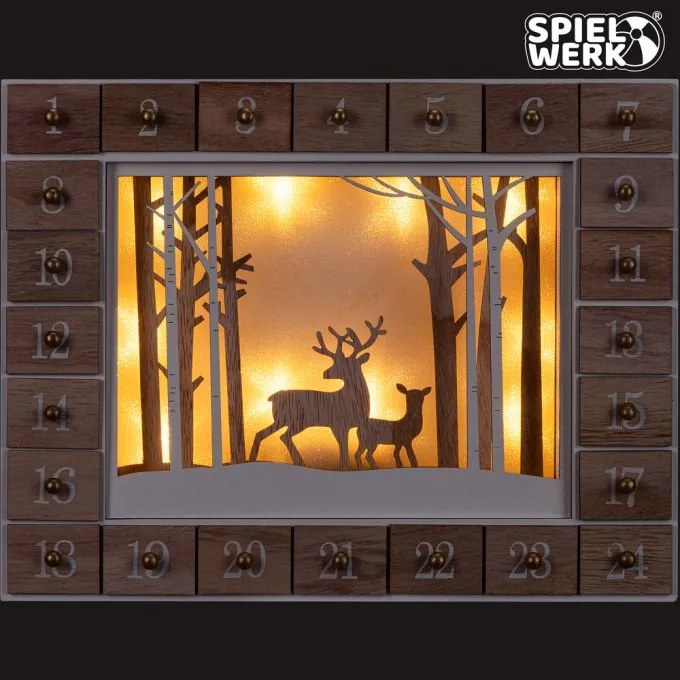 Calendar advent din lemn PĂDUREA DE IARNĂ cu iluminare, 35x6x27cm, alb/maro Spielwerk