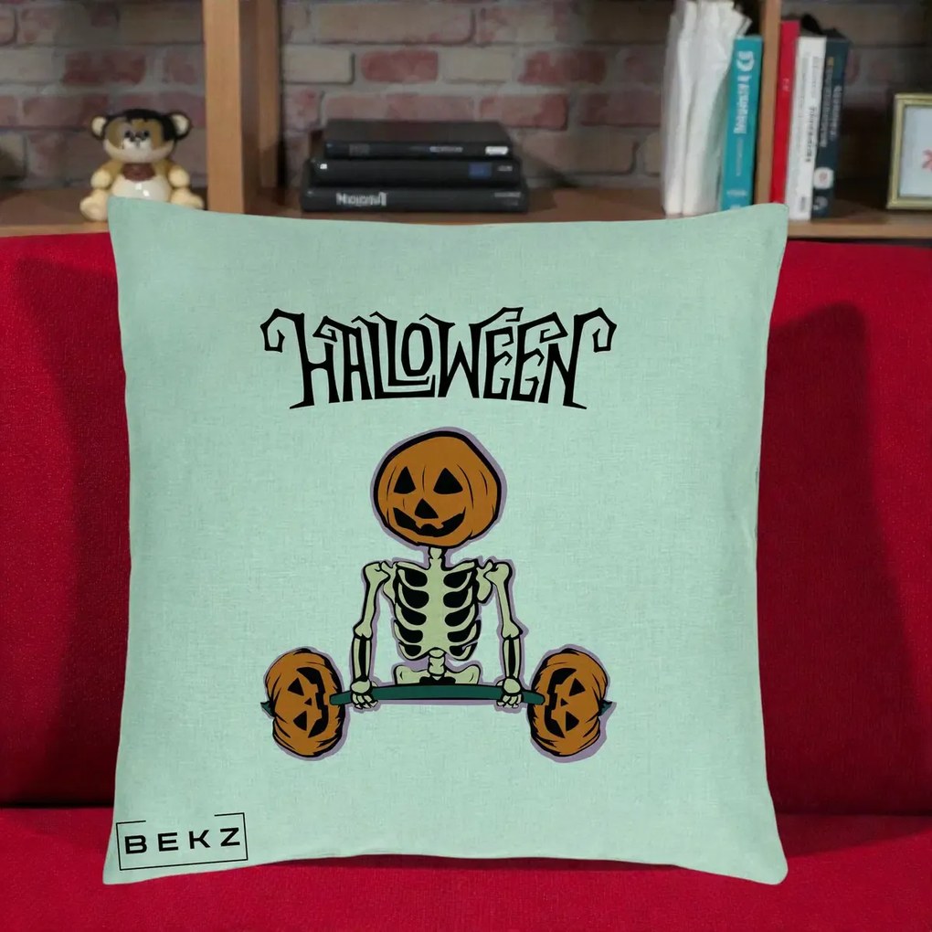 Perna Decorativa Halloween Schelet cu Cap de Dovleac Powerlifting, 40x40 cm, Verde Menta, Husa Detasabila, Perna Inclusa, BEKZ®
