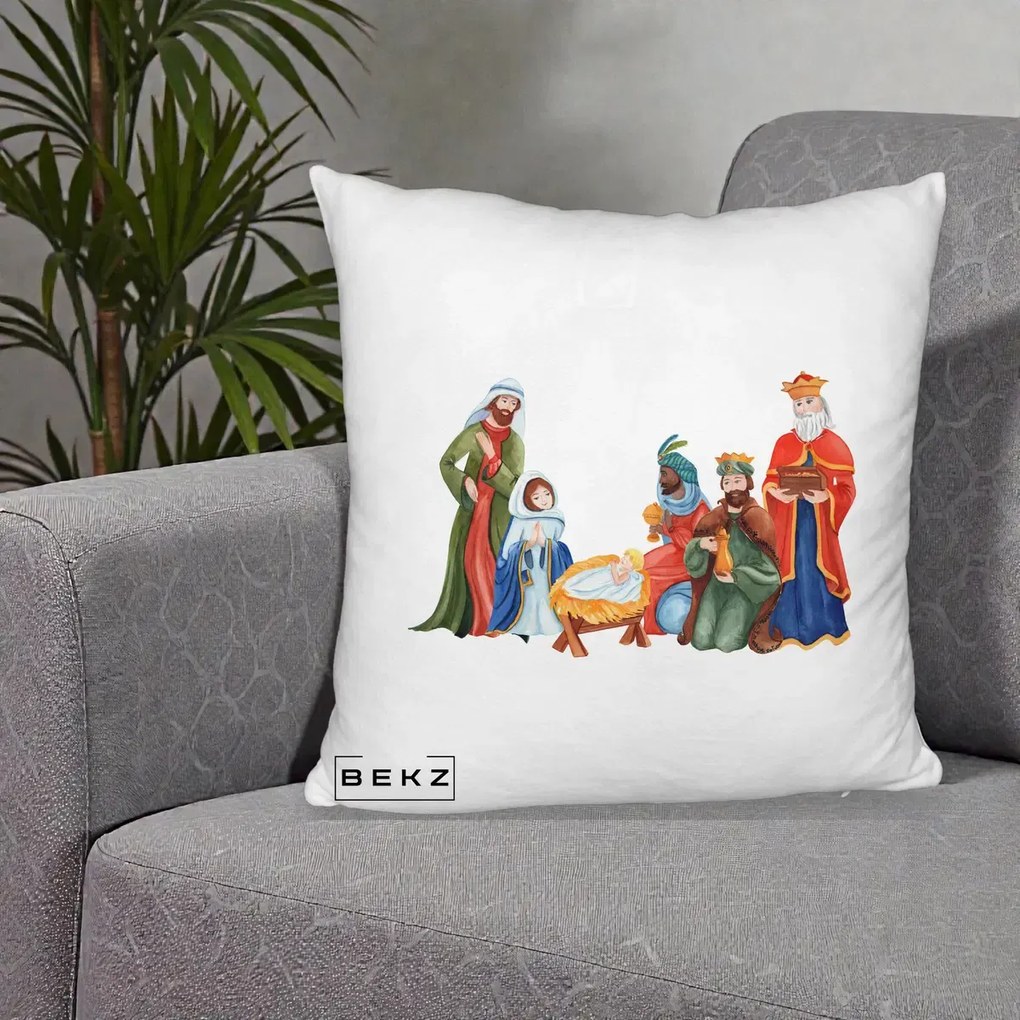 Perna Decorativa Nasterea Domnului Cei Trei Magi Acuarela, 40x40 cm, Alb Pufos, Husa Detasabila, Perna Inclusa, BEKZ®